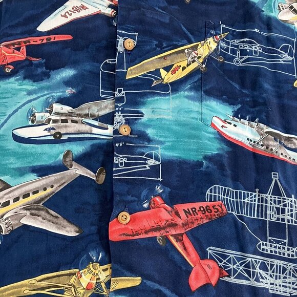 Paradise Found Men's Navy Airplane Print Button-down Short Sleeve Shirt Sz 2XL - Picture 3 of 6
